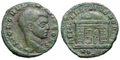 Divus Romulus Æ Quarter Nummus. Ostia, late AD 309-312. DIVO ROMVLO N V BIS CONS, bare head right / AETERNAE MEMORIAE, eagle with wings spread standing right on domed shrine; MOST(?) in exergue. Cf. R