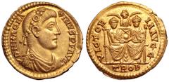 Magnus Maximus AV Solidus. Treveri, AD 383-388. D N MAG MAXIMVS P F AVG, rosette-diademed, draped and cuirassed bust right / VICTORIA AVGG, two emperors, in consular robes, seated facing on throne wit