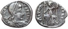 Honorius AR Half-Siliqua. Uncertain mint, AD 395-402/408. D N HONORIVS P F AVG, pearl-diademed, draped and cuirassed bust right / VICTORIA AVGGG, Roma seated left on cuirass, holding cross chrismée in
