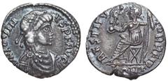 Jovinus AR Siliqua. Arelate, AD 411-413. D N IOVINVS P F AVG, pearl-diademed, draped and cuirassed bust right / RESTITVTOR REIP, Roma seated left on curule chair, holding Victory on globe in outstretc