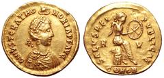 Justa Grata Honoria AV Solidus. Struck under Valentinian II in Ravenna, circa AD 430-455. D N IVST GRAT HONORIA P F AVG, pearl-diademed and draped bust right, wearing single-drop earring and pearl nec