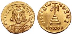 Tiberius III AV Solidus. Constantinople, AD 698-705. D TIBERIVS PE AV Γ, cuirassed bust facing, with short beard, wearing crown and holding spear / VICTORIA AVGV I, cross potent on three steps; CONOB 