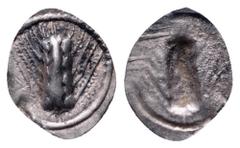 Lucania, Metapontion AR Hemiobol. Circa 530-510 BC. Ear of barley; ME to left; Incuse ear of barley. SNG ANS -; Noe -; Künker 97, 113 (correction: hemiobol). 0.17g, 11mm, 12h. Very Fine. Excessively R