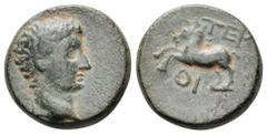 Tiberius Æ18 of Termessos Minor, Lycia. AD 14-37. Bare head right / TEP OI, horse galloping left. RPC 3359. 5.86g, 18mm, 12h. Good Very Fine. Pleasing pale green patina. Rare. From the S.C. Collection