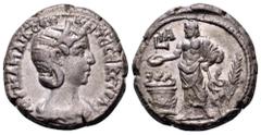 Julia Mamaea BI Tetradrachm of Alexandria, Egypt. RY 11 = AD 231-232. IOV MAMAIA CЄB MHTЄ CЄB K CTPA, draped bust right, wearing stephane / Asklepios standing facing, head left, sacrificing from pater