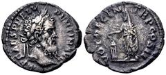 Pertinax AR Denarius. Rome, AD 193. IMP CAES P HELV PERTIN AVG, laureate head right / VOT DECEN TR P COS II, Pertinax, veiled standing left, sacrificing out of patera in right hand over tripod. RIC 13