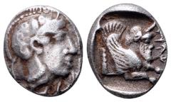 Dynasts of Lycia, Kherei AR Tetrobol. Uncertain mint, circa 410-390 BC. Head of Athena right, wearing crested Attic helmet / Forepart of Lamassu to right; ẼERẼI (sic, in Lycian) before; all within inc