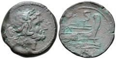Anonymous Ӕ Semis. Apulia, 211-210 BC. Laureate head of Saturn right; S behind / Prow right; S above, ROMA below. McCabe Group F1; Cf. Crawford 85/3 (H before); Cf. Crawford 86. 17.52g, 28mm, 8h. Very