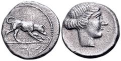 Sicily, Motya AR Didrachm. 415-405 BC. Dog standing right / Female head right, wearing ampyx. Cf. Jenkins SNR 50, pl. 3, 29 = SNG ANS 497 = Campana II, 375, 8B/c; SNG München 1596; BMC Sicily (Segesta