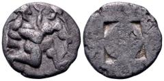 Islands off Thrace, Thasos AR Diobol(?). Circa 510-480 BC. Satyr advancing right, carrying off protesting nymph / Quadripartite incuse square. Le Rider, Thasiennes -; SNG Copenhagen -; HGC 6, -; BMC -