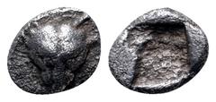 Cimmerian Bosporos, Pantikapaion AR Tetartemorion. Circa 480-470 BC. Facing lion’s head / Rough incuse square. MacDonald 1/8; SNG BM Black Sea 843. 0.28g, 5mm. Very Fine, a bit porous. Rare. From the 
