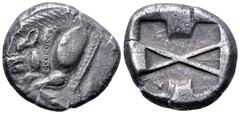 Dynasts of Lycia, uncertain dynast AR Stater. Circa 520-460 BC. 'Pre-dynastic' period. Forepart of boar left / Incuse square divided by large X, indentations on three sides. Vismara II, 14; BMFA 2080;