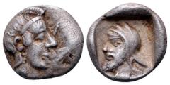 Dynasts of Lycia, Ddenevele of Kherei AR Obol. Xanthos, circa 440-410 BC. Head of Athena right, wearing crested Attic helmet / Head of dynast wearing Persian kyrbasia, within incuse square. Gorny & Mo