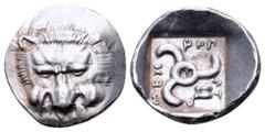 Dynasts of Lycia, Mithrapata AR Diobol. Circa 425-360 BC. Facing lion's scalp / Triskeles, astragalos to lower right; all within incuse square. Müseler & Nollé VIII, 17; SNG von Aulock 4246. 1.32g, 13