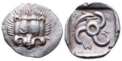 Dynasts of Lycia, Mithrapata AR Diobol. Circa 390-370 BC. Facing lion's scalp / Triskeles, dolphin above left; all within incuse square. Falghera 195-6 var. (no dolphin); SNG Copenhagen Suppl. 476 var