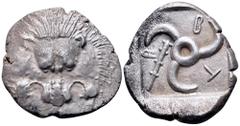 Dynasts of Lycia, Trbbenimi AR Stater. Zemura (Limyra), circa 390-375 BC. Facing lion scalp / Triskeles; small triskeles and club in fields, TRB (in Lycian) around; all within incuse square. Jameson 1