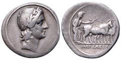 Octavian AR Denarius. Rome, 29-27 BC. Laureate head of Apollo Actius right / Octavian, veiled and in priestly robes, ploughing right with team of oxen; IMP CAESAR in exergue. RIC 272; BMC 638; RSC 117