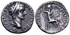 Tiberius AR Denarius. Lugdunum, AD 36-37. TI CAESAR DIVI AVG F AVGVSTVS, laureate bust right / PONTIF MAXIM, Livia (as Pax) seated right on throne with ornate legs, holding long sceptre and olive bran