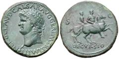 Nero Æ Sestertius. Lugdunum, AD 66. IMP NERO CAESAR AVG PONT MAX T R POT P P, laureate head right / Nero on horseback to right, holding spear; behind him, soldier on horseback right, holding vexillum;