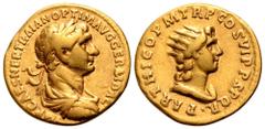 Trajan AV Aureus. Rome, AD 116-117. IMP CAES NER TRAIAN OPTIM AVG GERM DAC, laureate, draped and cuirassed bust right, seen from behind / PARTHICO P M TR P P COS VI P P SPQR, radiate and draped bust o