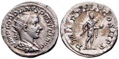 Gordian III AR Antoninianus. Rome, AD 241-243. IMP GORDIANVS PIVS FEL AVG, radiate, draped and cuirassed bust of Gordian III to right / P M TR P V COS II P P Gordian III, in military dress, standing r