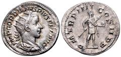 Gordian III AR Antoninianus. Rome, AD 241-243. IMP GORDIANVS PIVS FEL AVG, radiate, draped and cuirassed bust of Gordian III to right / P M TR P V COS II P P Gordian III, in military dress, standing r