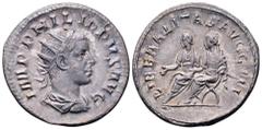 Philip II AR Antoninianus. Rome, AD 247-249. IMP PHILIPPVS AVG, radiate, draped and cuirassed bust right / LIBERALITAS AVGG III, Philip I and Philip II seated left on curule chairs; Philip I holds sho