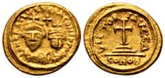 Heraclius, with Heraclius Constantine, AV Solidus. Carthage, IY 4 = AD 615-616. D N ЄRACLIO ЄT ЄRA CONST PP, crowned and draped facing busts of Heraclius and Heraclius Constantine; cross above / VICTO