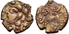 Celtic Northwest Gaul, the Osismii(?) AV Quarter Stater. Circa 70-50 BC. Celtic head left, with hair in curls; ornaments terminating in smaller, severed heads before and behind / Human-headed horse le