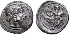 Greek Sicily, Naxos AR Drachm. Circa 460-430 BC. Bearded head of Dionysos right, wearing tainia decorated with an ivy branch / Nude and bearded Silenos squatting half-left, holding kantharos in right 
