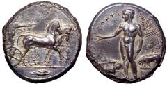Greek Sicily, Selinos AR Tetradrachm. Circa 455-415 BC. Artemis driving slow quadriga right, holding reins in both hands, Apollo standing on her right, discharging an arrow; barley grain in exergue / 