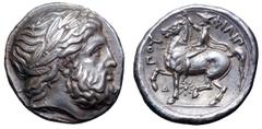 Greek Kingdom of Macedon, Philip II AR Tetradrachm. Lifetime issue. Pella, circa 356–348 BC. Laureate head of Zeus to right / The king, wearing kausia and chlamys, raising his right hand in salute and
