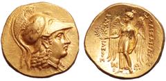 Greek Kingdom of Macedon, Alexander III 'the Great' AV Stater. Susa, circa 325-320 BC. Head of Athena right, wearing pendant earring, necklace and crested Corinthian helmet decorated with eagle / Nike