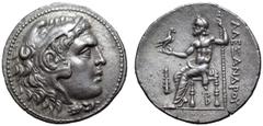 Greek Kingdom of Macedon, Philip V AR Tetradrachm. In the name and types of Alexander III. Pella, circa 180 BC. Head of Herakles to right, wearing lion skin headdress / Zeus Aëtophoros seated left, ho