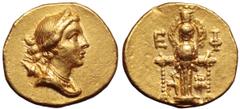 Greek Ionia, Ephesos AV Stater. Circa 133-88 BC. Draped bust of Artemis to right, wearing stephane, necklace of pearls and with her bow and quiver over her shoulder / Cult statue of the Artemis of Eph