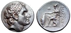 Greek Kingdom of Pergamon, Philetairos I AR Tetradrachm. Circa 270-265 BC. Diademed head of the deified Seleukos I to right / Athena, helmeted and wearing long robes, seated to left on low throne with