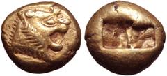 Greek Kingdom of Lydia, Alyattes EL Trite. Sardes, circa 610-546 BC. Head of roaring lion to right, sunburst with multiple rays on forehead / Two incuse square punches of unequal size. Traité II/1, 44