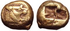 Greek Kingdom of Lydia, Alyattes EL Trite. Sardes, circa 610-546 BC. Head of roaring lion to right, sunburst with multiple rays on forehead / Two incuse square punches of unequal size. Traité II/1, 44