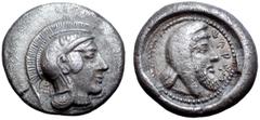 Greek Dynasts of Lycia, Kherei AR Hemistater - Drachm. Circa 410-390 BC. Helmeted head of Athena right / Bearded head of dynast to right, wearing Persian kyrbasia, KHERË in Lycian script before; all w