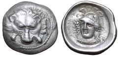 Greek Dynasts of Lycia, Zagaba AR 1/3 Stater. Circa 400-380 BC. Facing lion's scalp / Head of Athena, facing three-quarter to left, wearing elaborate necklace and crested and plumed helmet, Lycian scr