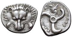 Greek Dynasts of Lycia, Perikles AR Third Stater. Circa 380-360 BC. Facing lion's scalp / Triskeles; Head of Hermes right in upper field; Lycian script around. SNG Copenhagen -; SNG von Aulock -. 3.03