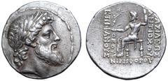 Greek Seleukid Empire, Antiochos IV Epiphanes AR Tetradrachm. Antioch, circa 168-164 BC. Laureate head of Zeus right, with the features of Antiochos / Zeus Nikephoros seated left, with Nike standing r