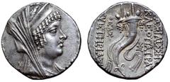 Greek Seleukid Empire, Cleopatra Thea Eueteria AR Tetradrachm. Sole reign. Ake-Ptolemais, dated SE 126/125 BC. Diademed and veiled bust of Cleopatra Thea right, wearing stephane / BAΣIΛIΣΣHΣ KΛEOΠATΡA