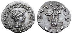 Greek Indo-Greek Kingdom, Menander I Soter AR Drachm. Circa 155-130 BC. Diademed, draped, and cuirassed bust right, wearing crested helmet covered with pelt of scales and adorned with wing; ΒΑΣΙΛΕΩΣ Σ