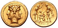 Roman Republic Roman Republic AV Half-Stater. Circa 216 BC. Laureate, Janiform head of the Dioscuri / Oath-taking scene: two warriors, one Roman and the other representing the Italian allies, standing