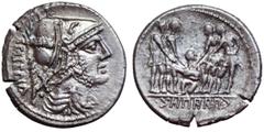 Roman Republic The Social War, C. Papius AR Denarius. Mint moving with Papius in Campania, circa 90 BC. Helmeted and draped bust of Mars right; X• and Viteliú in Oscan characters behind/ Oath-taking s