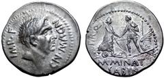 Roman Imperatorial Cnaeus Pompeius Junior and M. Minatius Sabinus AR Denarius. Corduba, 46-45 BC. CN•MAGN IMP•F, head of Cnaeus Pompeius Magnus right / Personification of Corduba, turreted, standing r
