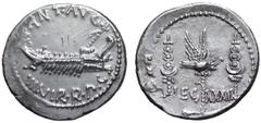 Roman Imperatorial Marc Antony Legionary AR Denarius. Military mint moving with Antony, autumn 32 - spring 31 BC. ANT•AVG III•VIR•R•P•C, praetorian galley to right / Aquila between two signa; LEG XXXI