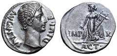 Roman Imperial Augustus AR Denarius. Lugdunum, 15 BC. AVGVSTVS DIVI•F, bare head right / IMP X flanking Apollo Citharoedus of Actium, standing left, holding plectrum and lyre; ACT• in exergue. RIC 171