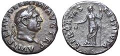 Roman Imperial Vitellius AR Denarius. Rome, AD 69. A VITELLIVS GERM IMP AVG TR P, laureate head right / LIBERTAS RESTITVTA, Libertas standing facing, head right, holding pileus and long staff. RIC 105